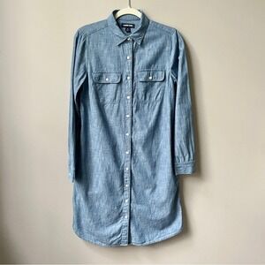 Lands' End Blue Chambray Shirt Dress Women's 4 Midi Length Cotton Preppy Classic